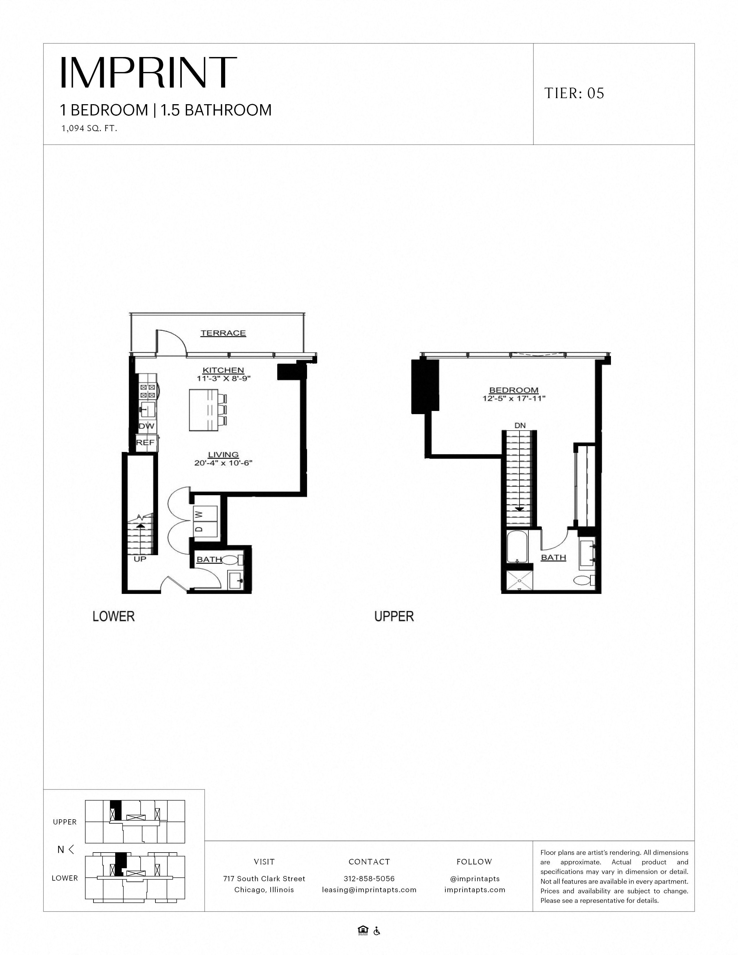 Floor plan for 1 bed, 1.5 baths, 1094 sqft
